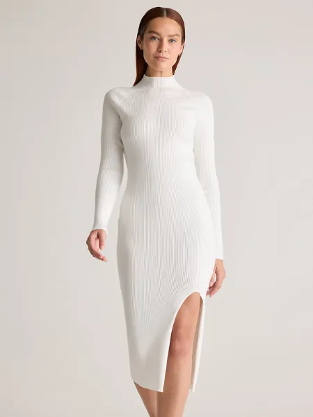 White Long Sleeve Midi Knit Dress